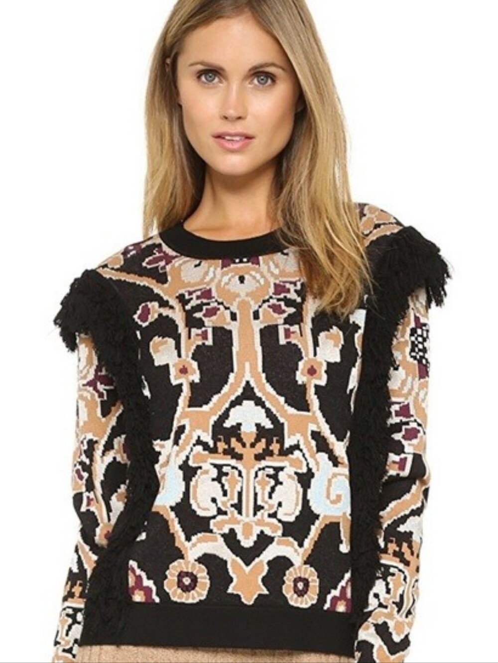 Ronny Kobo Fringe Tapestry Sweater Size M Boho Western Jacquard Statement Knit